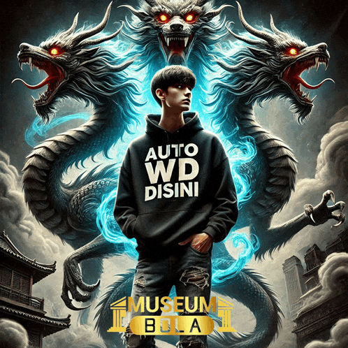 a man in a black hoodie that says auto wd disini stands in front of two dragons