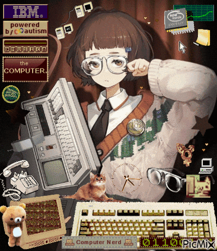 a girl with glasses is holding a computer surrounded by other items