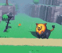 a cartoon lion is holding a donut and a bomb in a video game .
