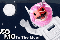 a cartoon of an astronaut with a donut on his head and the words go moto to the moon