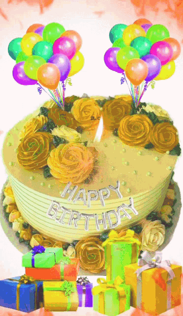 a birthday cake with flowers and balloons and a candle that says happy birthday