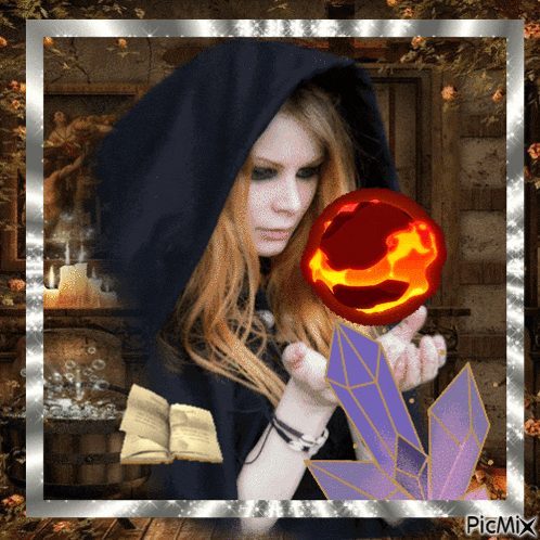 a picture of a woman in a black cape holding a red ball with a face carved into it