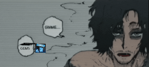 a cartoon of a man with a speech bubble that says gimme gems