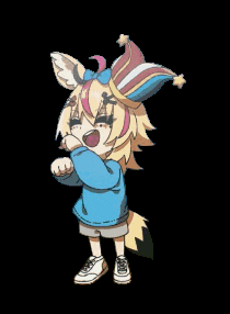 a cartoon character wearing a blue sweater and a clown hat