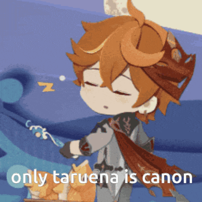 a cartoon of a boy sleeping with the words only taruena is canon below him