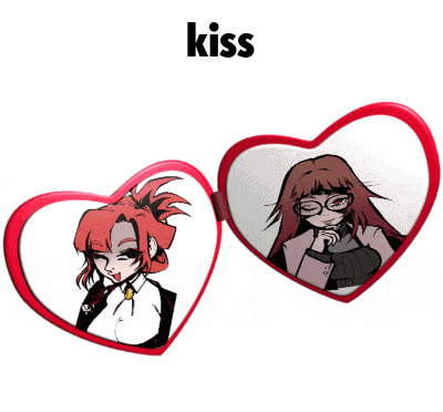 a couple of heart shaped mirrors with the word kiss on the top