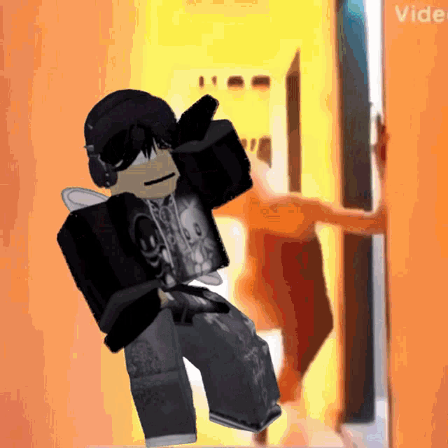a cartoon character is standing in front of a door with the word vide on the bottom
