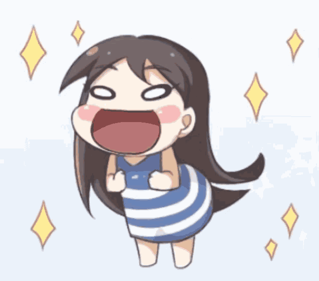 a cartoon of a girl in a blue and white striped dress with her mouth open