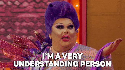 a drag queen in a purple wig says " i 'm a very understanding person "