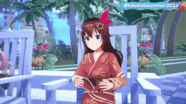 a girl in a red kimono is standing in front of a sign that says hololivesummer 2023