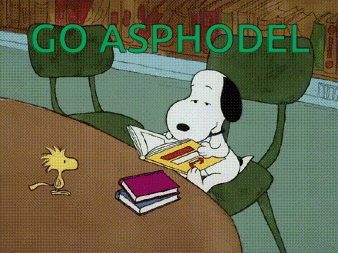 a cartoon of snoopy reading a book with the words go asphodel
