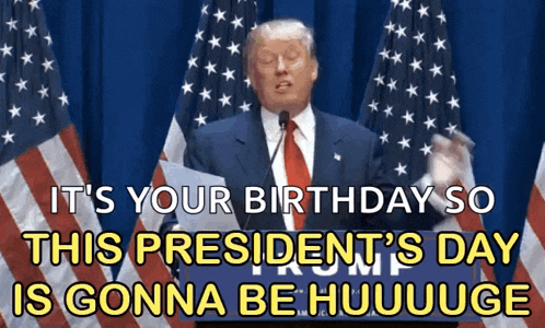 donald trump is giving a speech in front of american flags and says it 's your birthday