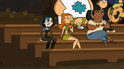 a group of cartoon characters sitting on wooden benches