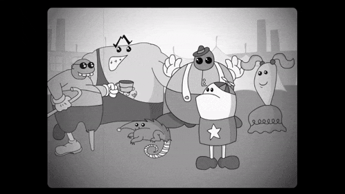 a black and white cartoon shows a group of characters