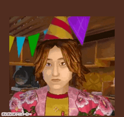 a pixel art of a man wearing a birthday hat
