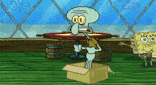 squidward from spongebob squarepants sits at a table holding a bottle of beer
