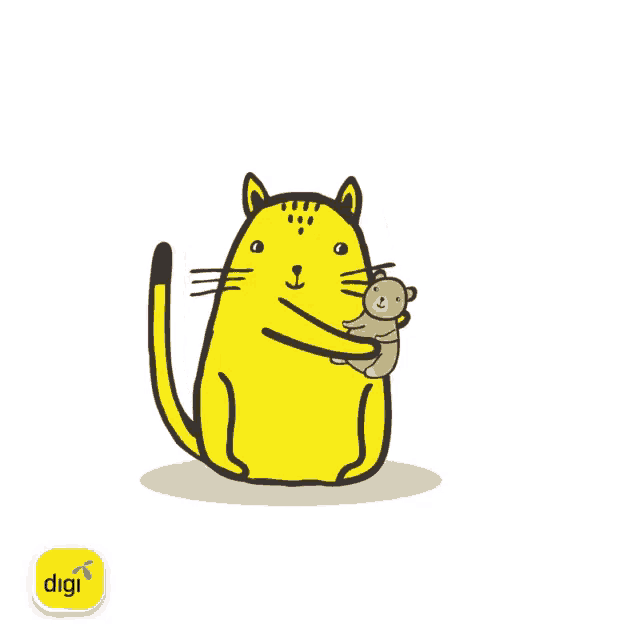 a yellow cat holding a teddy bear with hearts around it and a digi logo in the corner