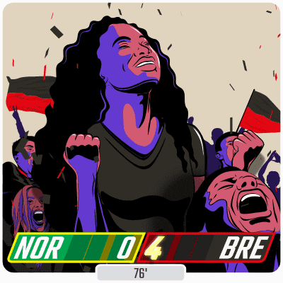 a cartoon of a woman holding a flag with the score of nor 04 bre