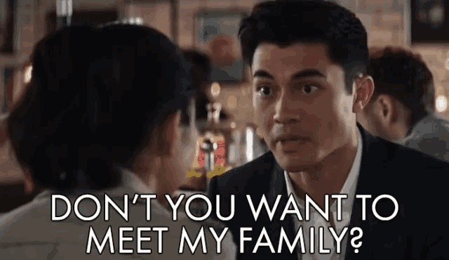 a man talking to a woman with the words " do n't you want to meet my family " written below him