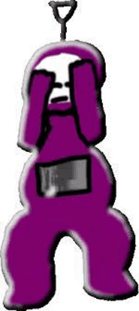 a purple teletubbies cartoon character is covering his face with his hands .