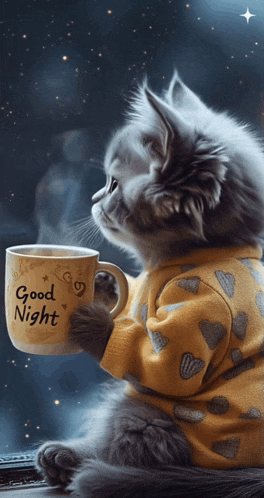 a cat is holding a coffee mug that says good night