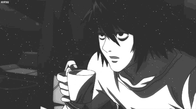 a black and white drawing of a person holding a plate and a cup