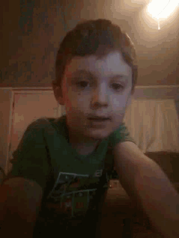 a young boy in a green shirt is taking a selfie in a room .