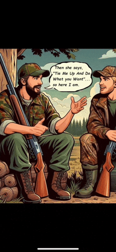 two hunters are sitting under a tree talking
