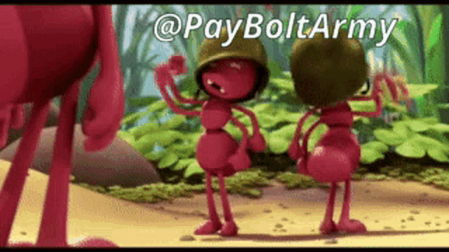 a couple of ants wearing military hats are standing on a beach .