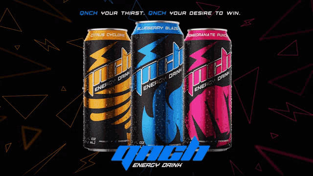 three cans of mach energy drink are lined up in a row