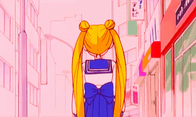 a girl with pigtails is walking down a pink street