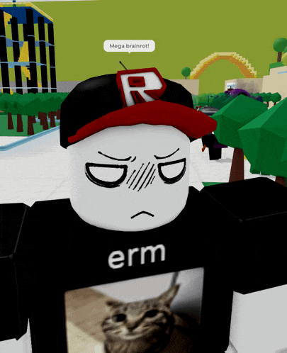a cartoon character wearing a red r hat and a black shirt that says erm