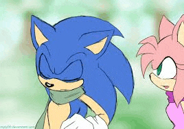 sonic the hedgehog and amy rose are standing next to each other . sonic is wearing a scarf around his neck .