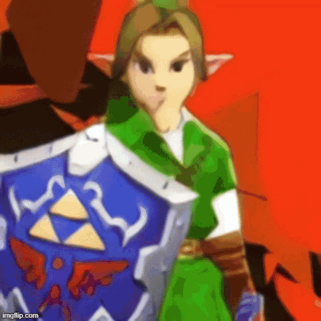 a cartoon of a man holding a shield and a sword in front of a red background .