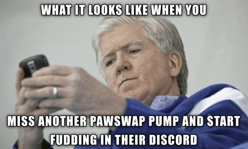 a man is looking at his phone with a caption that says what it looks like when you miss another pawswap pump and start fudding