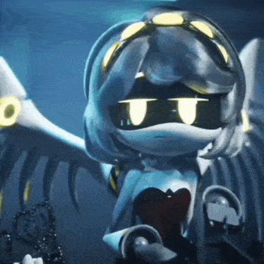 a cartoon character with wings and a heart on her chest is sitting down .