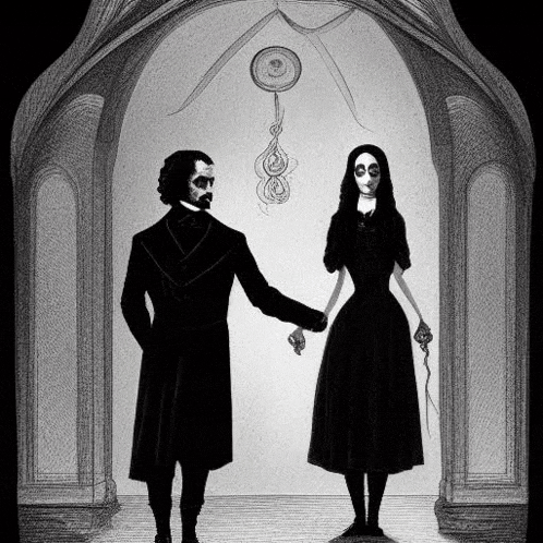 a black and white drawing of a man and woman holding hands .