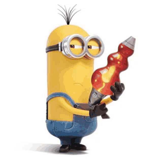 a minion wearing goggles and overalls is holding a red object