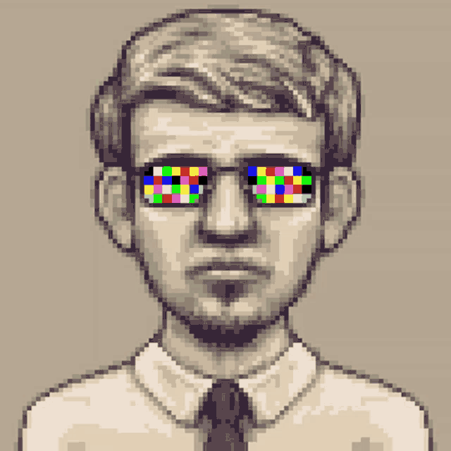 a pixel art drawing of a man with glasses and a tie