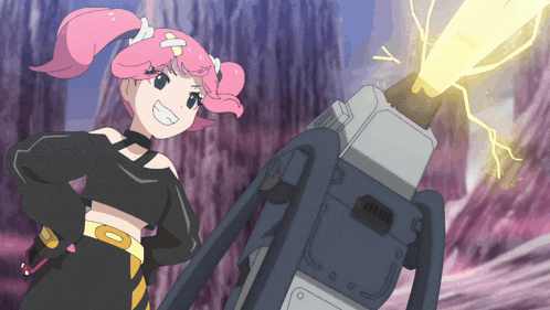 a girl with pink hair is standing next to a cannon that says ' drill ' on the side