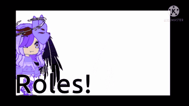 a girl with purple hair and black wings is standing in front of the words roles