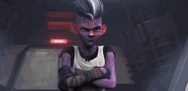 a cartoon character with purple skin and a mohawk stands with his arms crossed
