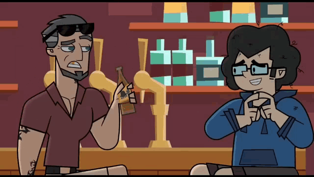 a cartoon of a man holding a bottle of beer and another man sitting next to him