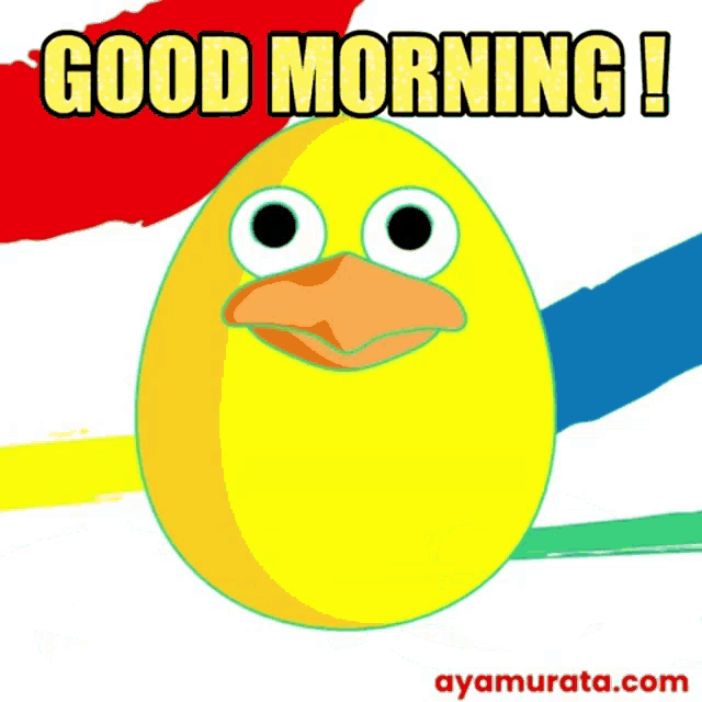 a yellow egg with a duck face and the words good morning