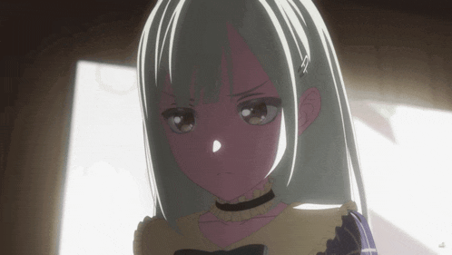 a girl with white hair and a choker looks angry