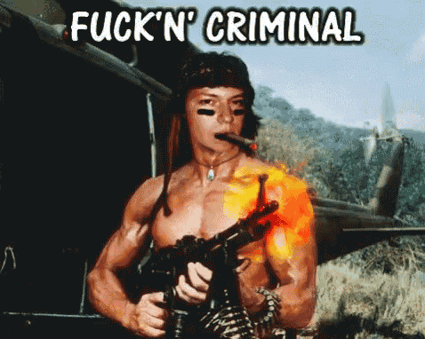 a shirtless man holding a gun and smoking a cigar with the words " fuck n ' criminal " above him