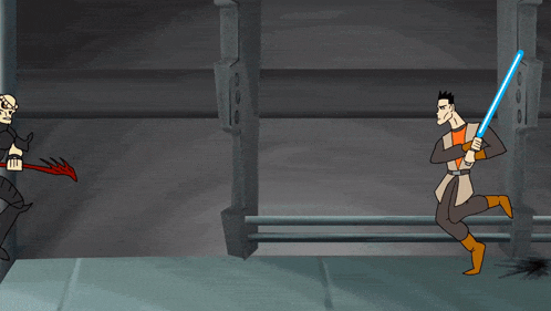 two cartoon characters are fighting with lightsabers in a room