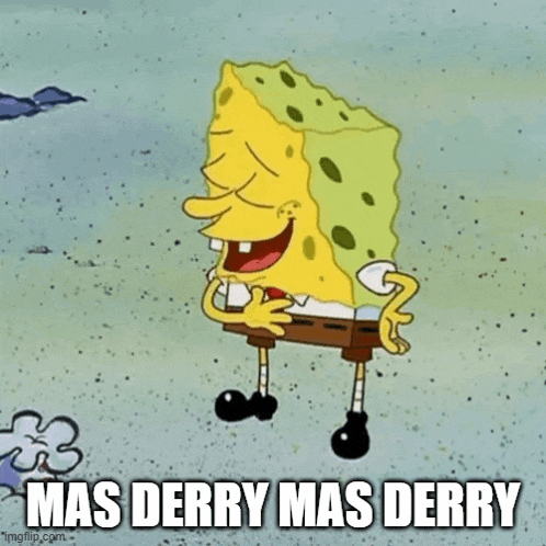 a cartoon of spongebob with the words mas derry mas derry