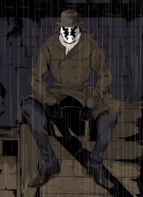 a drawing of a man wearing a trench coat and a hat with the letter r on his face