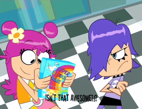 a cartoon character reading a book titled super rainbow blast